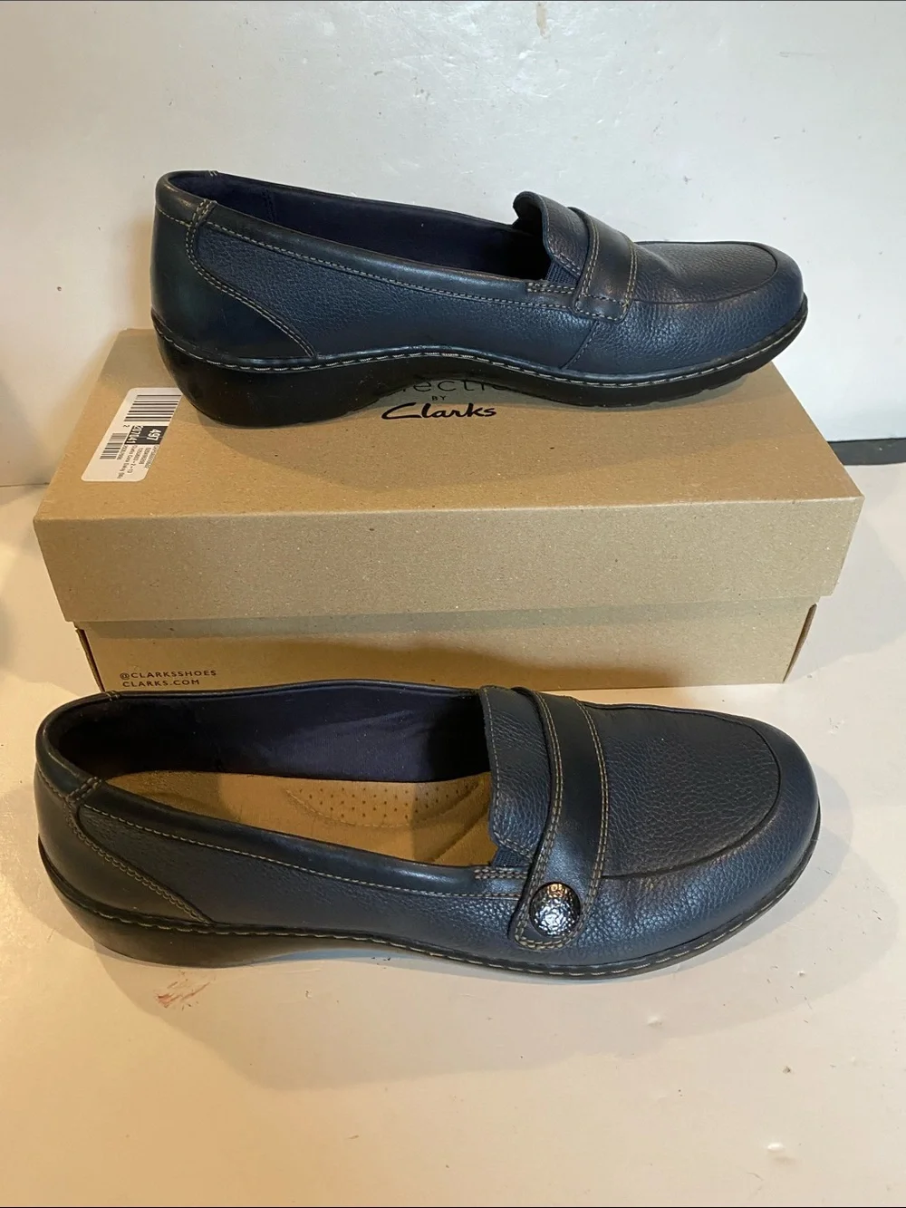 Clarks Cora Daisy Deep Navy Textured Slip-on Wedge Loafers